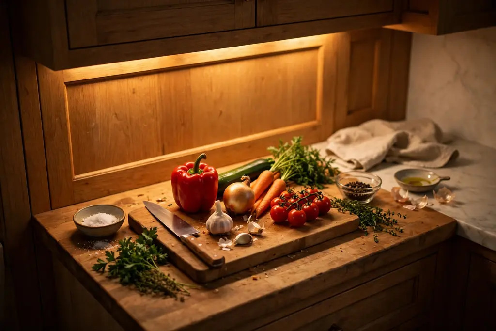 Small kitchen counter lit by warm under-cabinet lighting, with a cutting board and vegetables ready for prep.