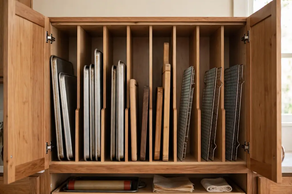 Kitchen cabinet with baking sheets, cutting boards and cooling racks stored upright with dividers.