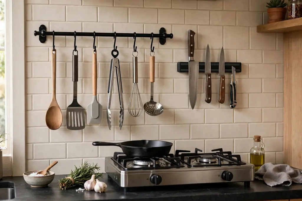 Kitchen wall rail with hooks holding cooking tools and a magnetic knife strip beside a small stove.