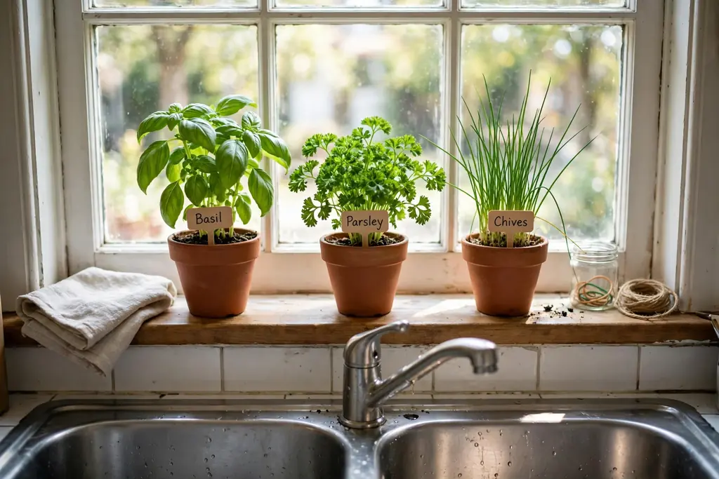 Kitchen windowsill above a sink with small potted herbs, basil, parsley and chives, in daylight.