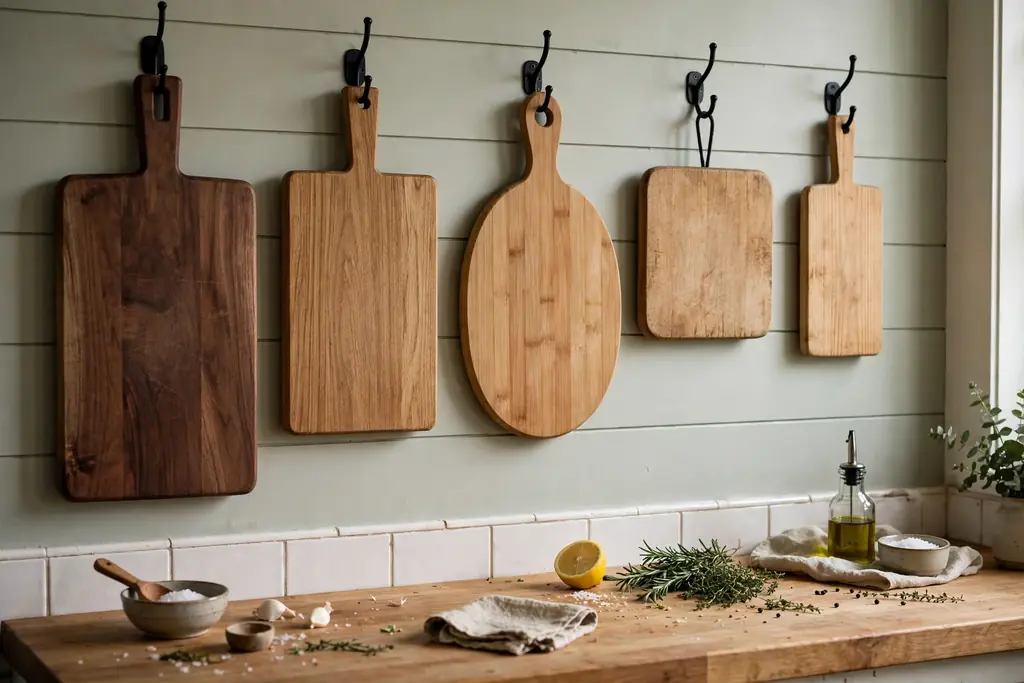 Wooden cutting boards of different sizes hanging on hooks on a kitchen wall above a prep counter.