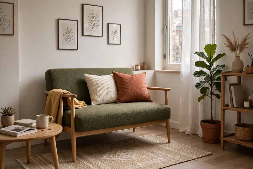 Small apartment living room with a compact loveseat with slim arms and raised legs.