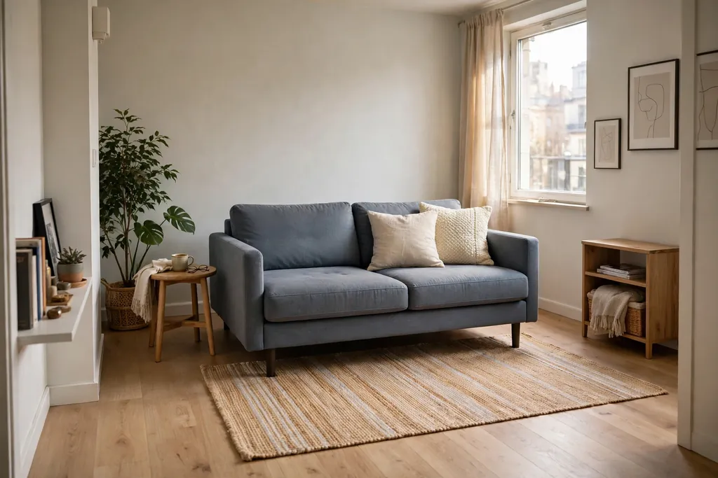 Small apartment living room with a floated sofa on one rug, front legs on the rug, and a clear walkway.