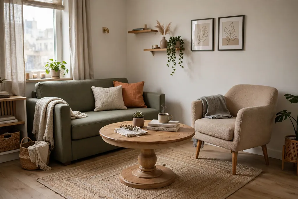 Small apartment living room with a round pedestal coffee table and compact seating.