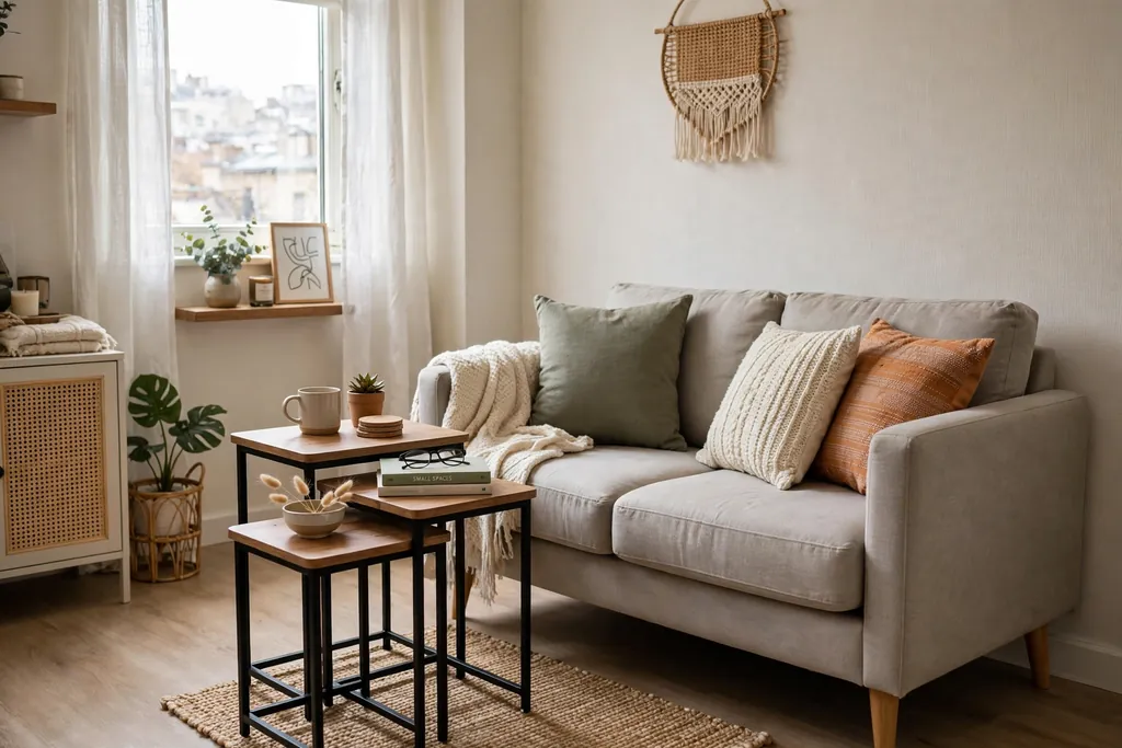 Small apartment living room with nesting side tables beside a compact sofa.