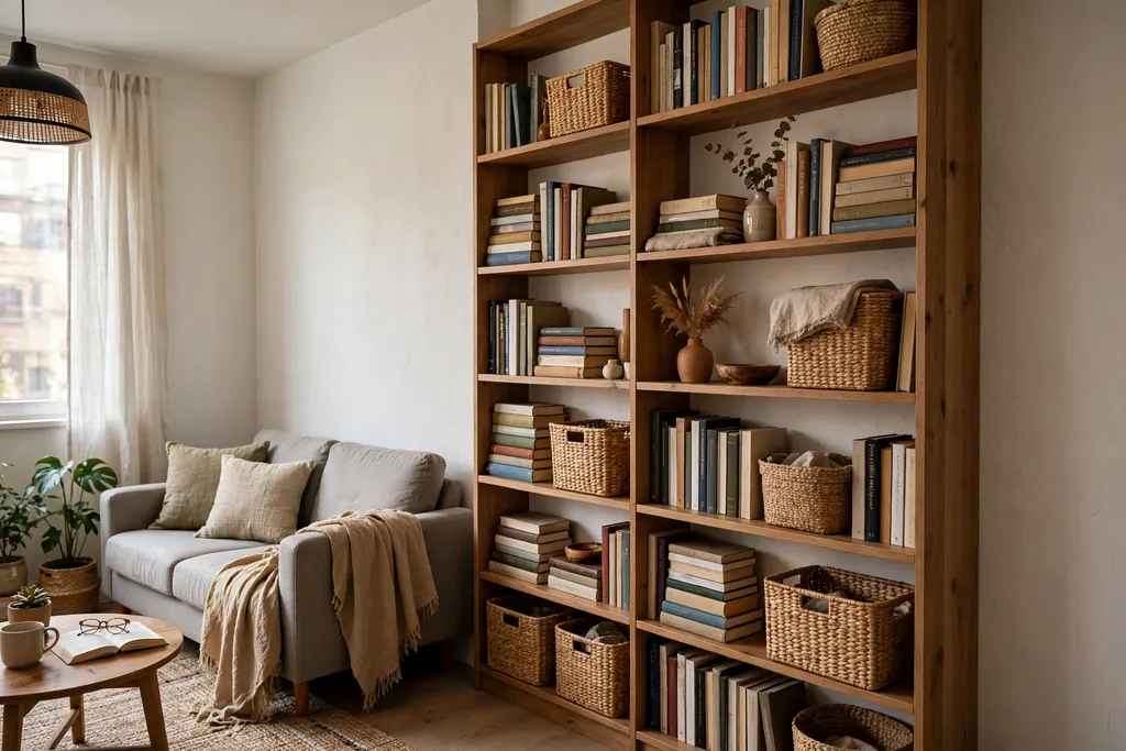 Small apartment living room with one tall shelving run on a single wall holding books and baskets.