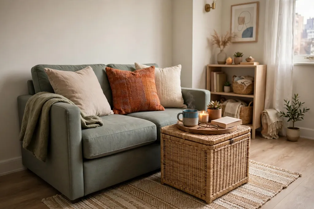 Small apartment living room with a storage ottoman with a tray beside a compact sofa.