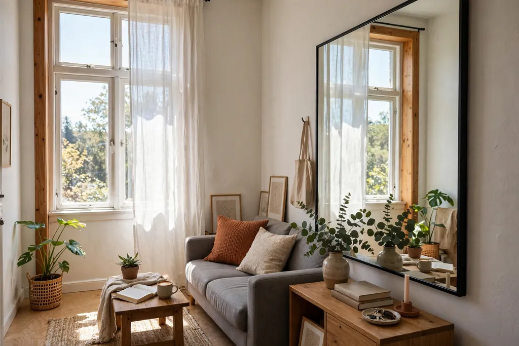 Small apartment living room with a large mirror opposite a bright window reflecting daylight.