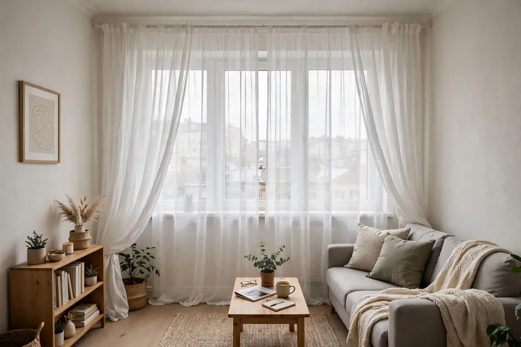 Small apartment living room with sheer white curtains hung high and wide at a window.