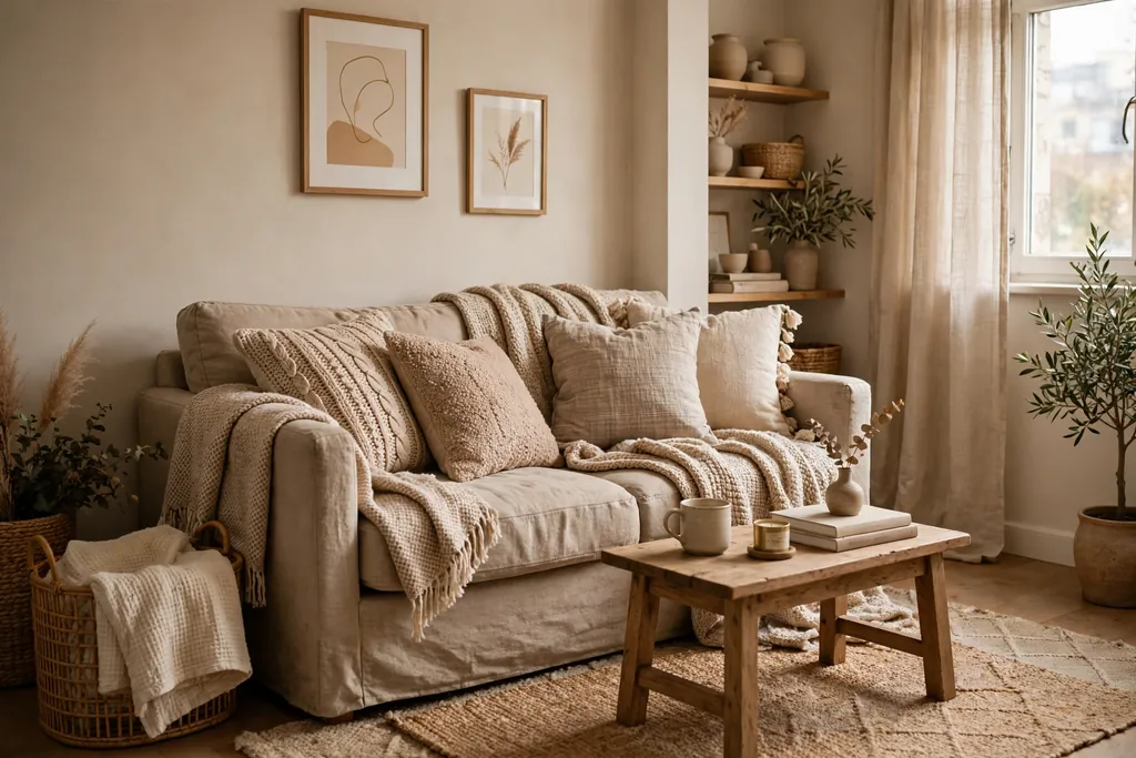 Small apartment living room in a calm warm neutral palette with layered textures, throws, and cushions.