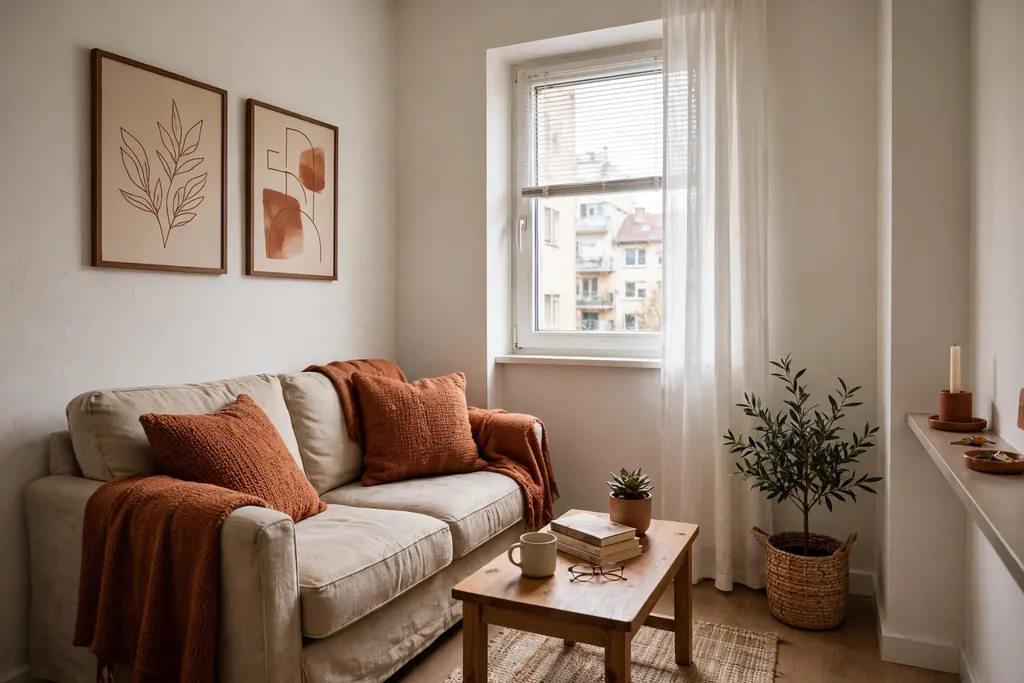 Small apartment living room with one rust accent color repeated in cushions, a throw, and art.