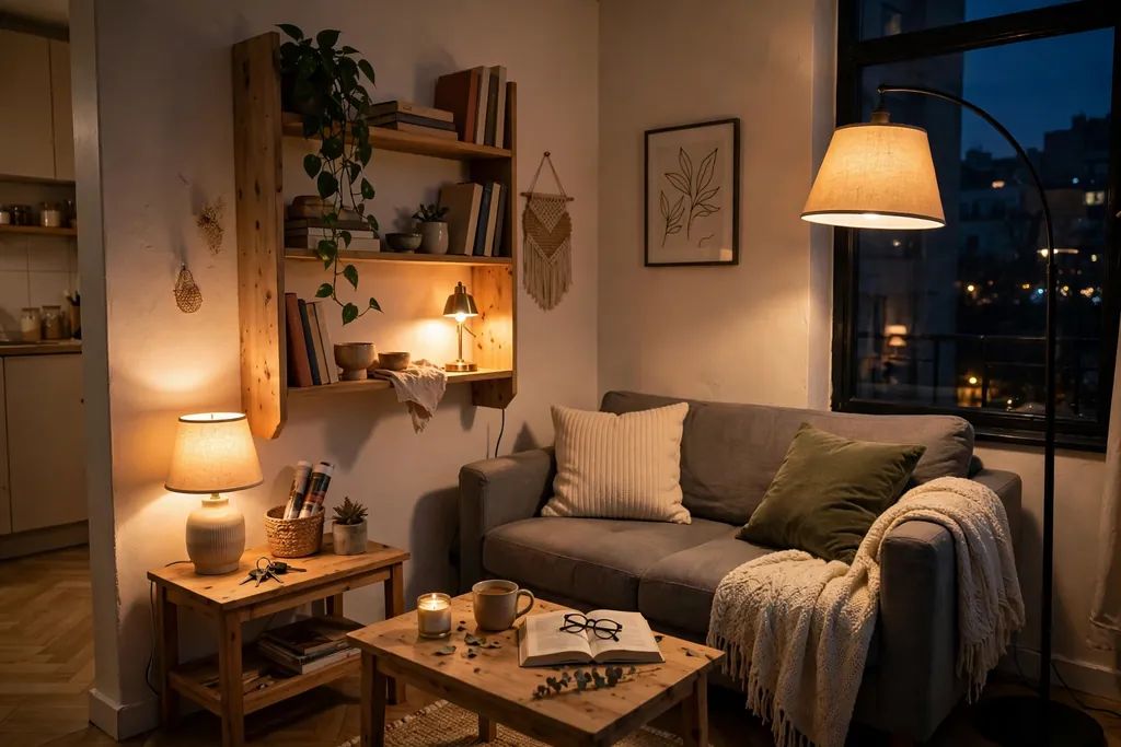 Small apartment living room in the evening lit by a floor lamp, a table lamp, and a small shelf lamp.