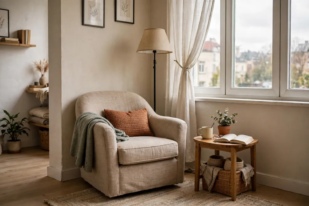 Small apartment living room window reading corner with one armchair, floor lamp, and side table.