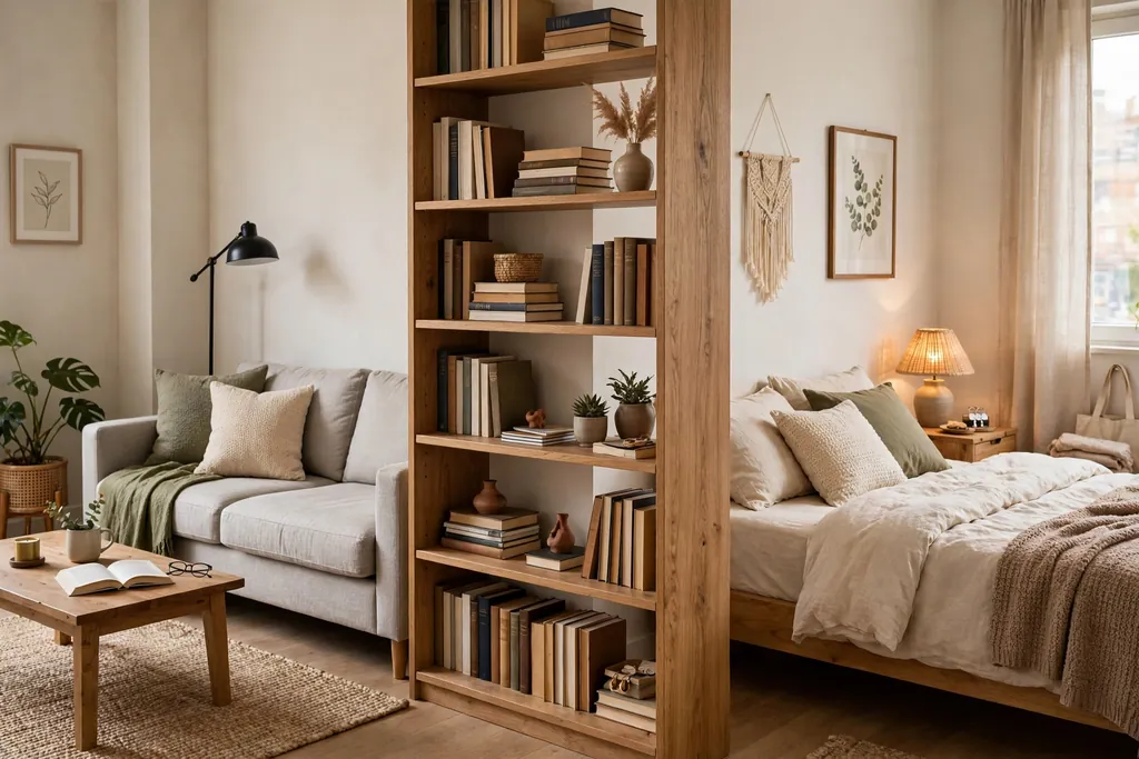 Studio apartment living area divided from a sleeping area by an open bookcase.
