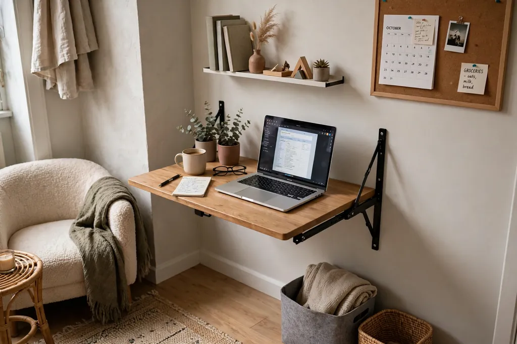 Small apartment living corner with a wall-mounted fold-down desk open with a laptop.