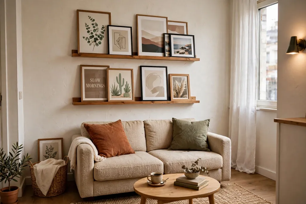 Small apartment living room with picture ledges holding layered framed prints above a sofa.