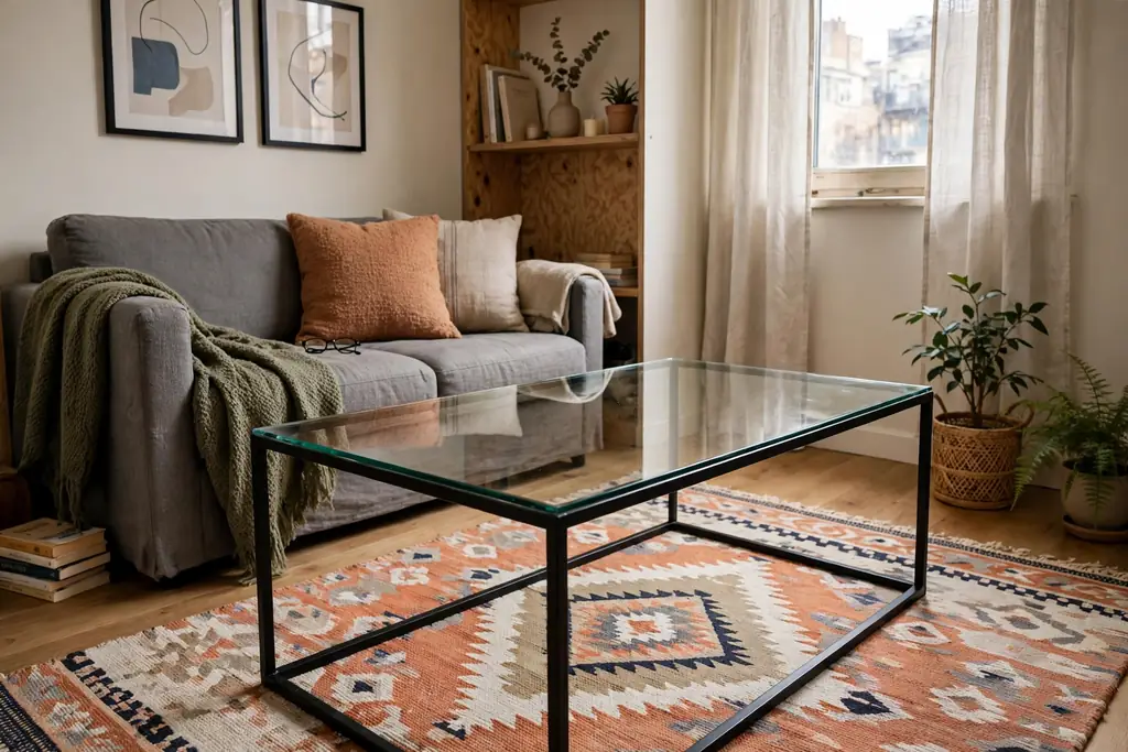 Small apartment living room with a glass-topped coffee table showing the rug and floor beneath.