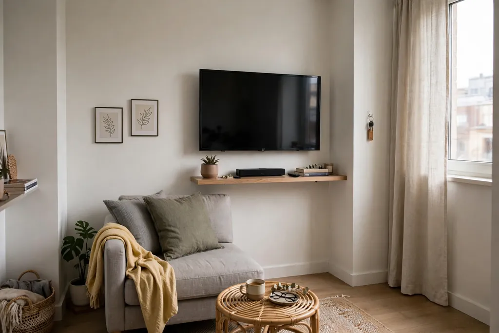 Small apartment living room with a wall-mounted television and a slim media shelf.