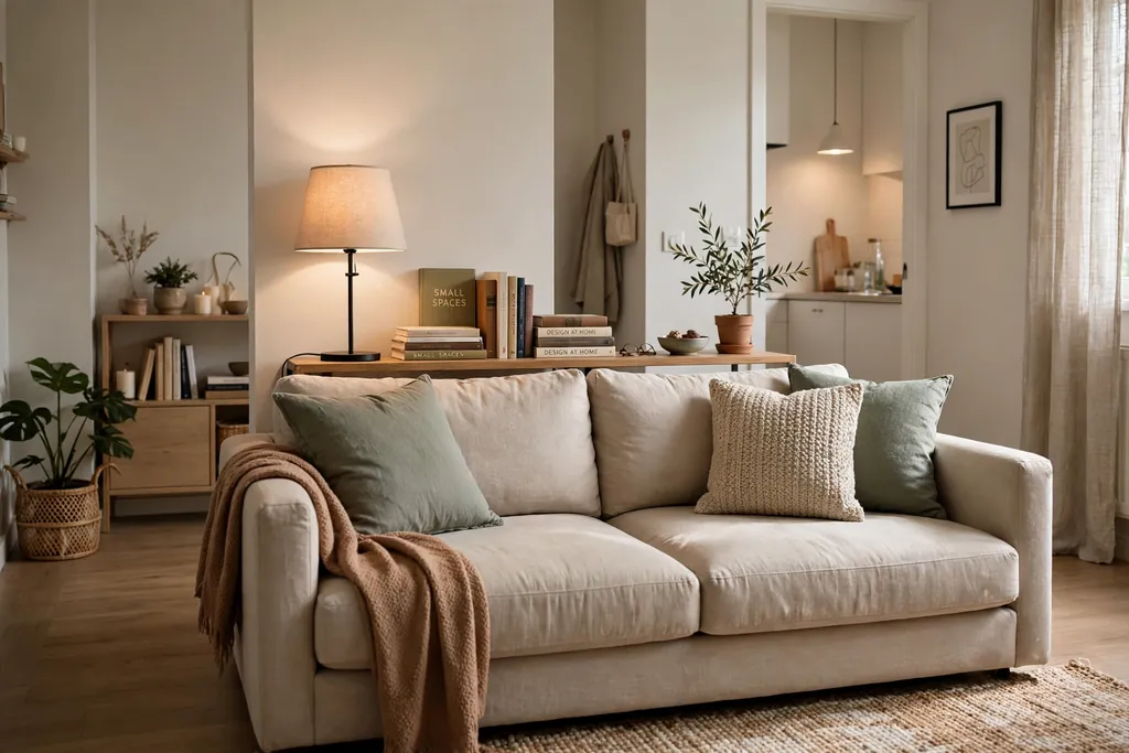 Small apartment living room with a slim console table behind a floated sofa holding a lamp and books.