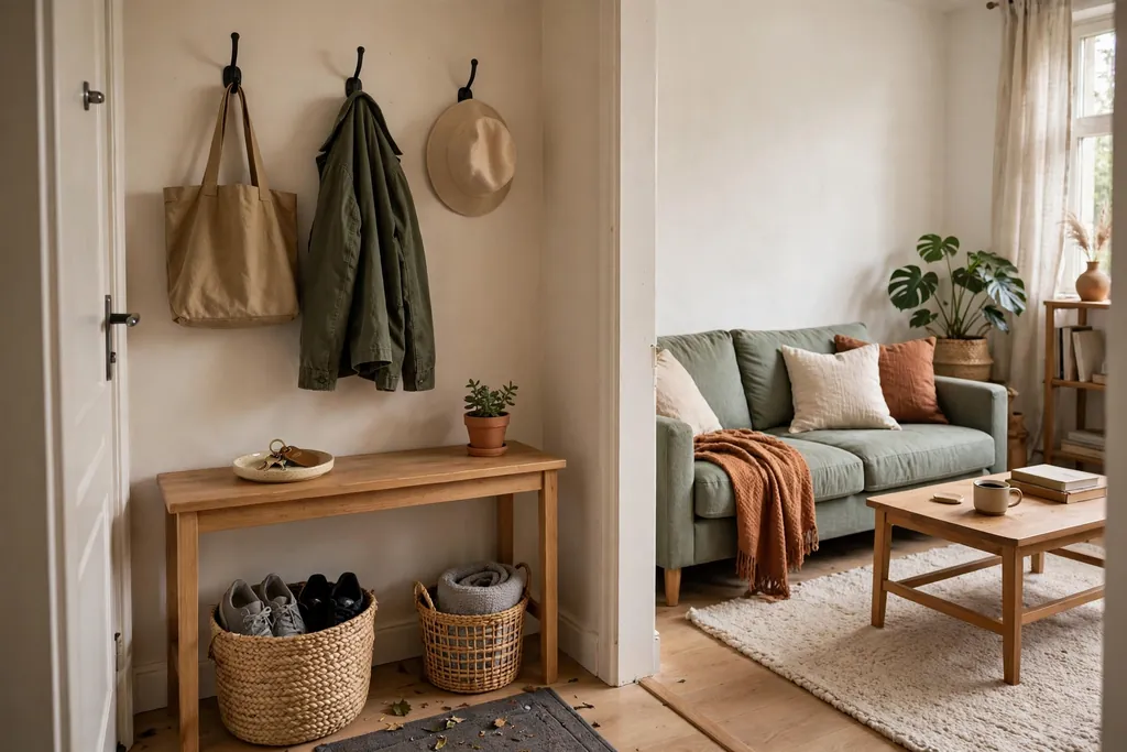 Small apartment entry landing zone beside a living room with wall hooks, a dish, and baskets.