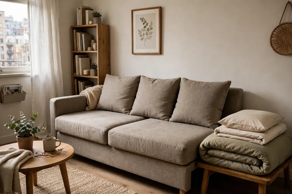 Small apartment living room with a sofa bed dressed as a sofa with firm cushions and folded bedding nearby.