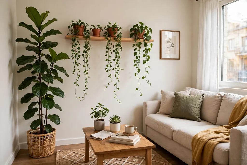Small apartment living room with plants at three heights, a tall floor plant, trailing shelf plants, and a table plant.