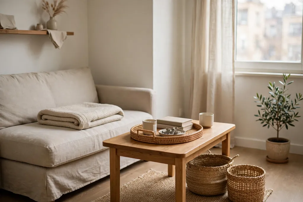 Small apartment living room kept calm with a tidy coffee table tray, folded throw, and baskets.