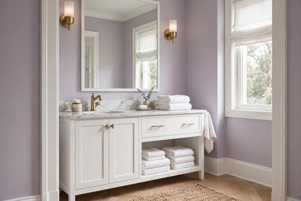 Bathroom with soft lavender walls, white trim, and folded white towels.
