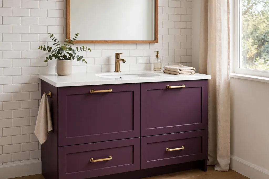 Plum bathroom vanity cabinet with brass pulls and a white countertop.