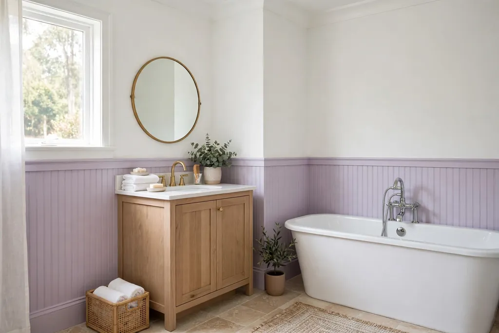 Bathroom with lilac beadboard wainscot and white upper walls.