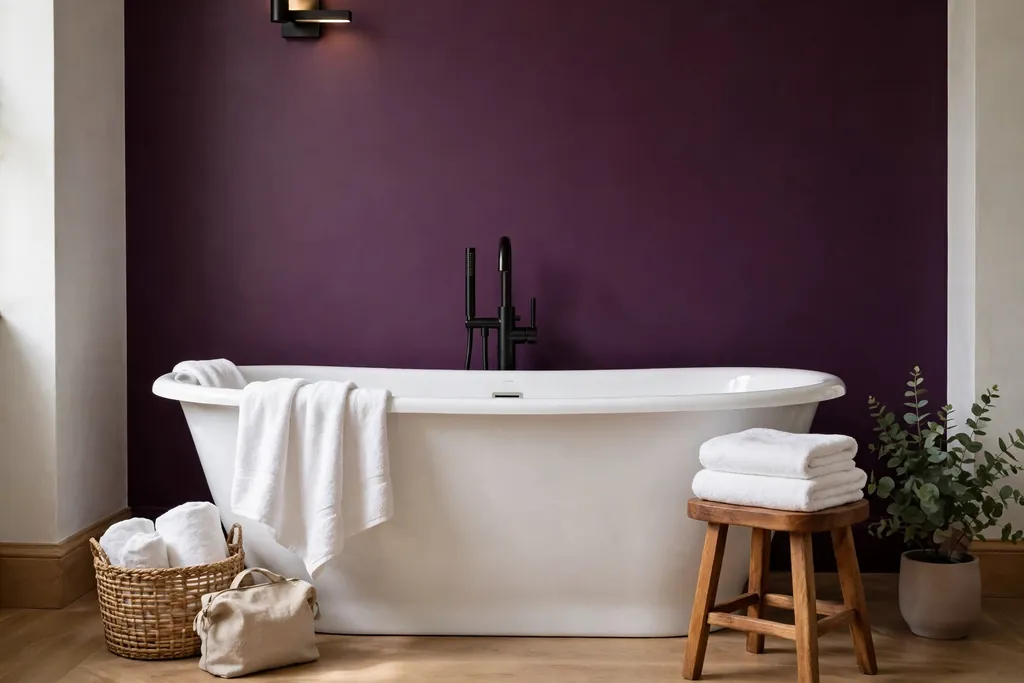 Freestanding white tub against a deep aubergine accent wall.