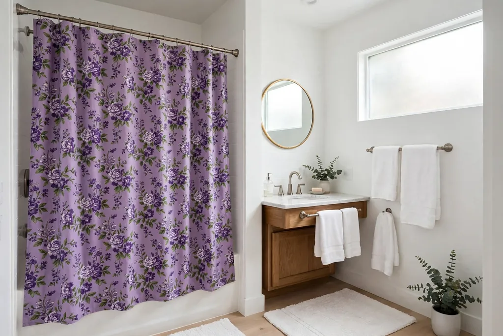 Bathroom with a patterned purple shower curtain and plain white towels.