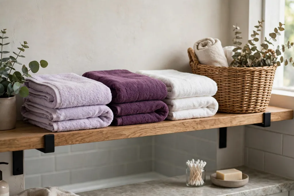 Shelf with layered lilac, plum, and white bathroom towels.