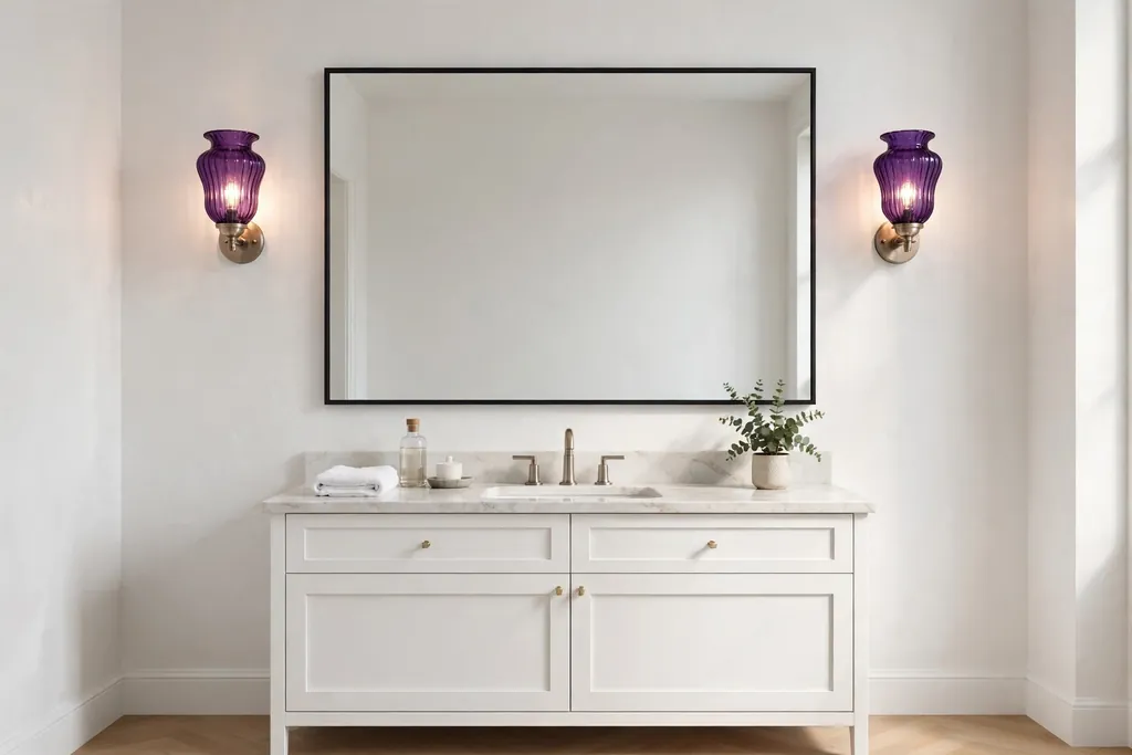 Bathroom mirror with violet glass sconces on either side.
