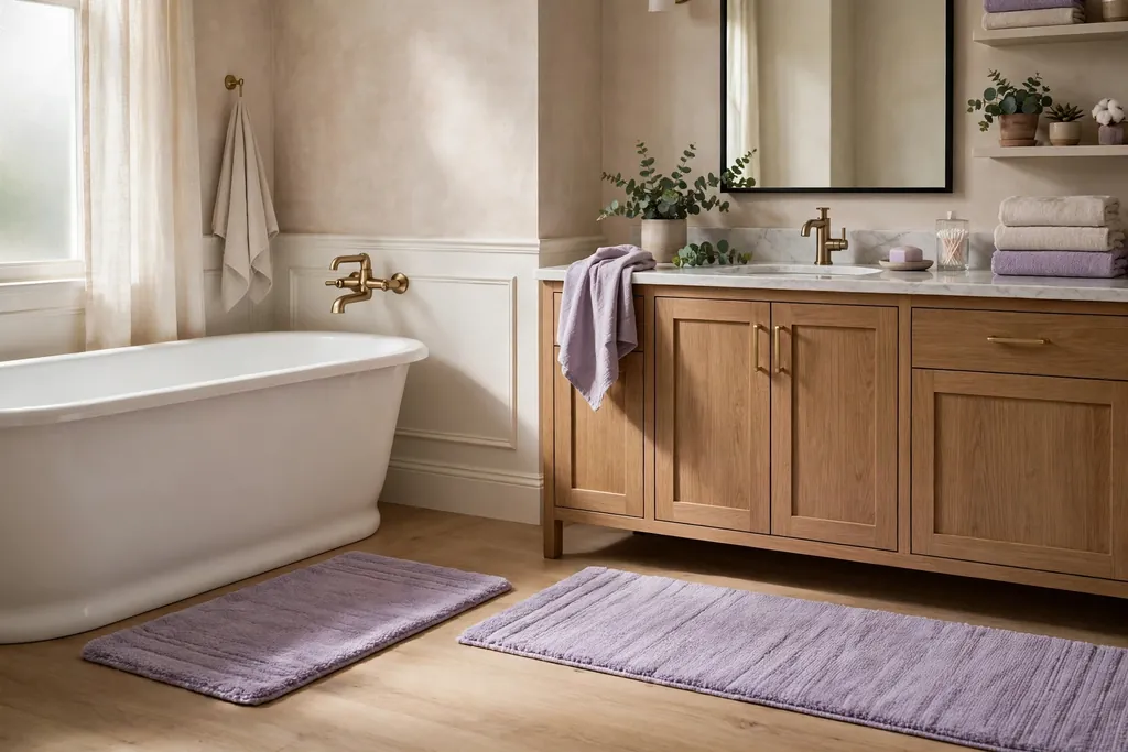Lavender bath rug beside a tub and a matching runner at a vanity.