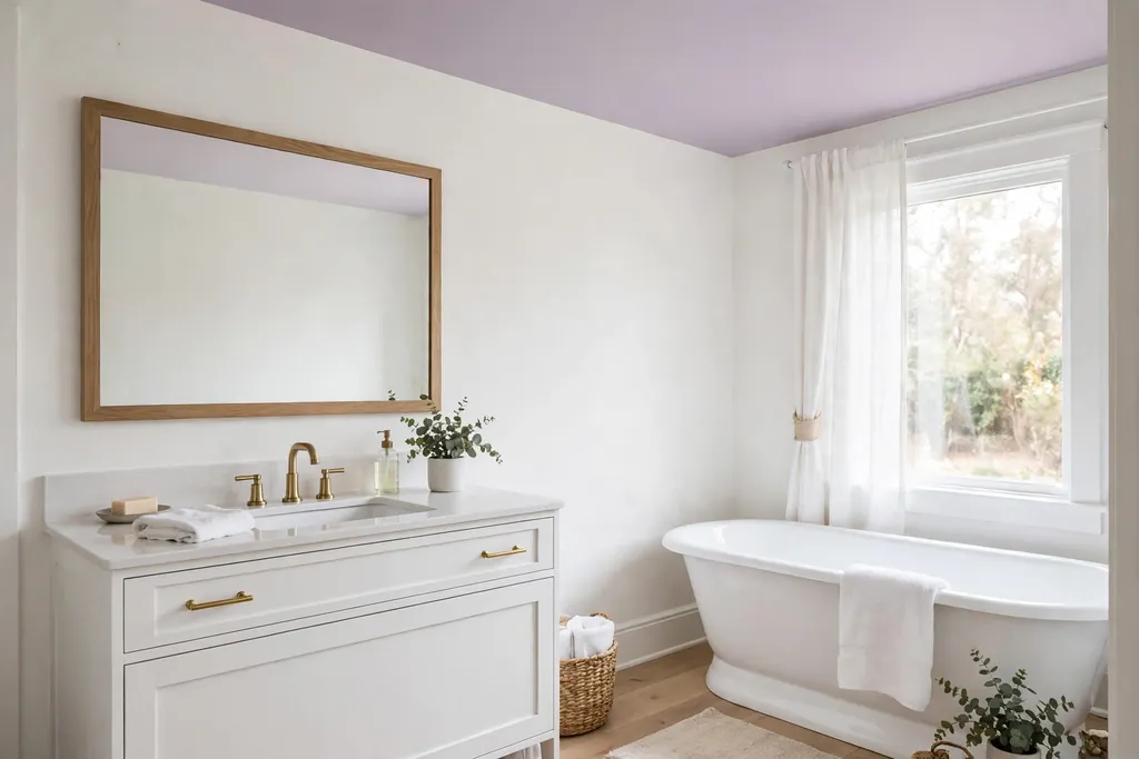 Bathroom with a soft lilac ceiling, white walls, and a white vanity.