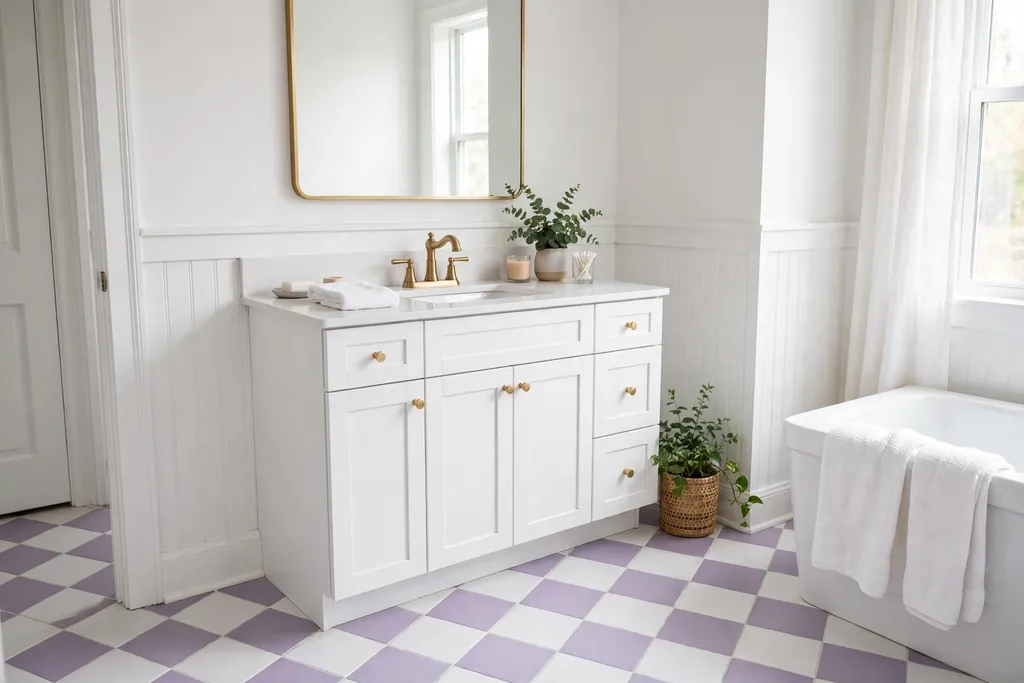 Bathroom floor in lilac and white checkerboard tile with white walls.