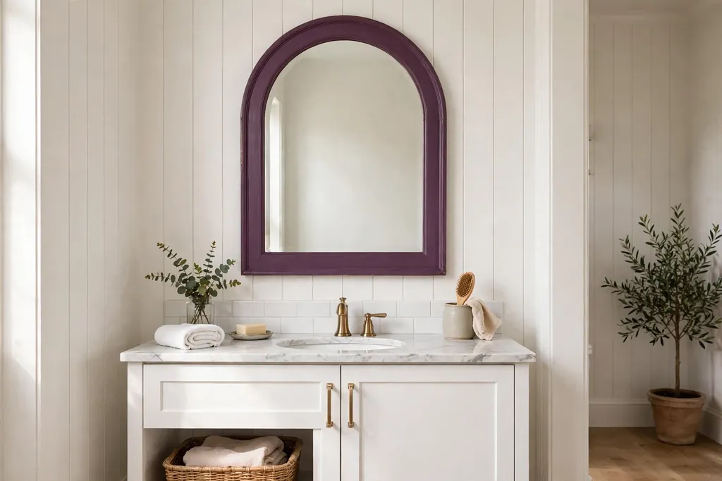 Arched mirror with a plum frame above a bathroom vanity.