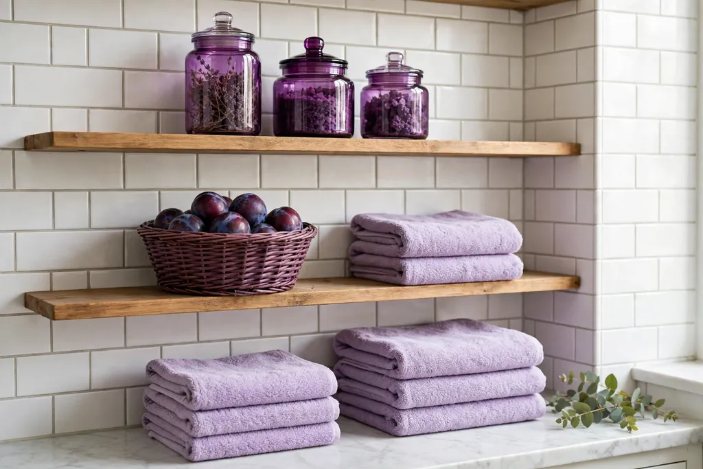 Open bathroom shelves with purple jars, a basket, and folded towels.