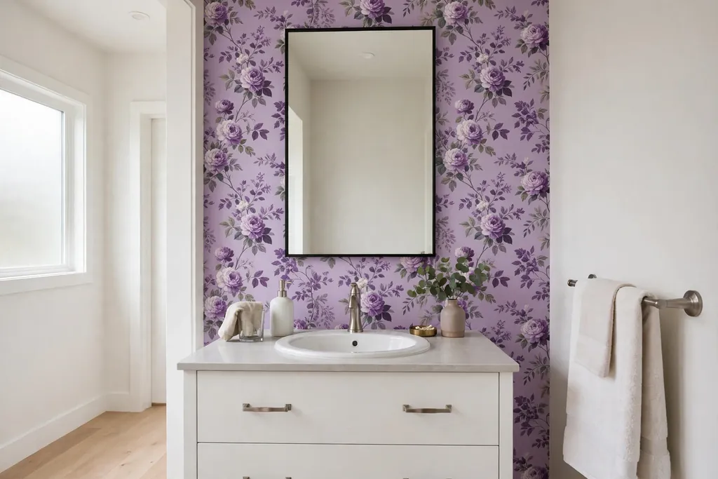 Bathroom accent wall in floral purple wallpaper behind a vanity.