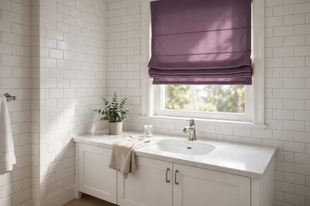 Bathroom window with a plum Roman blind and white tile walls.