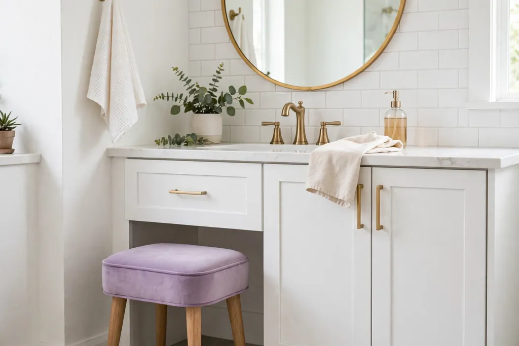 Small lilac upholstered stool at a bathroom vanity.