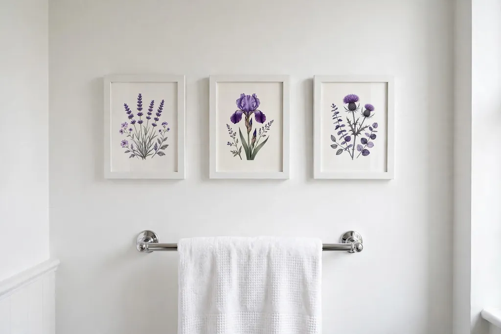 Small gallery of purple prints above a bathroom towel rail.