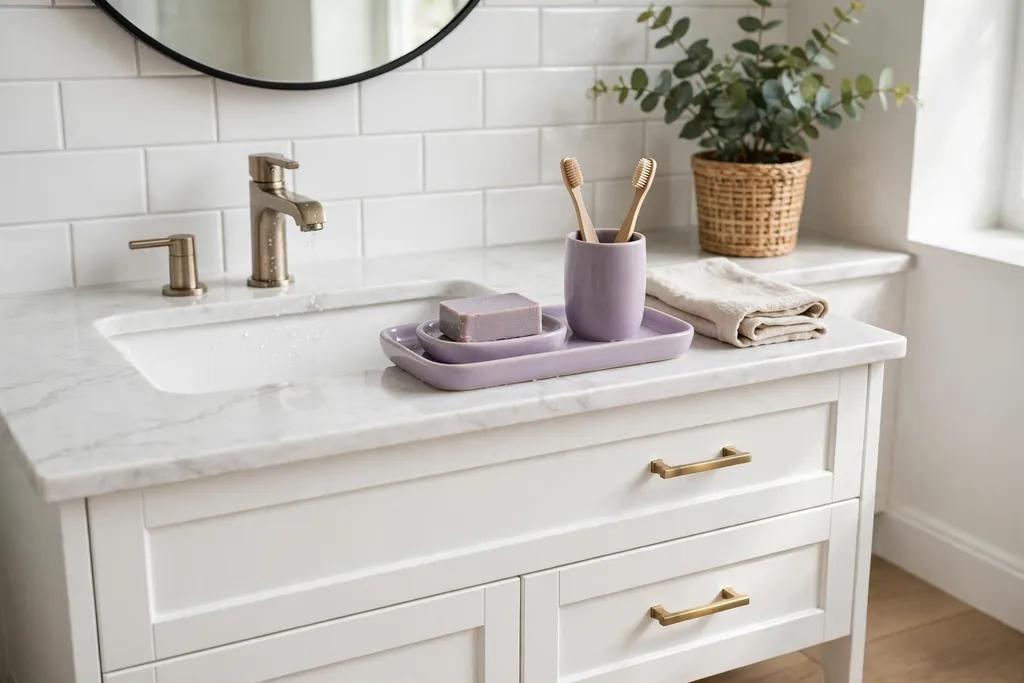 Vanity with a matching lavender soap dish, toothbrush cup, and tray.