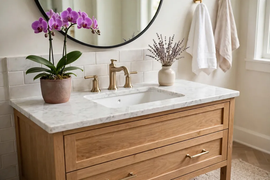 Bathroom vanity with a potted purple orchid and dried lavender sprigs.