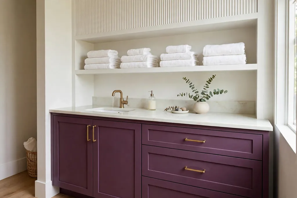Two tone vanity with plum lower cabinets and white upper shelves.