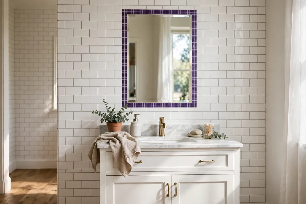 Bathroom mirror framed by a violet tile border on white walls.