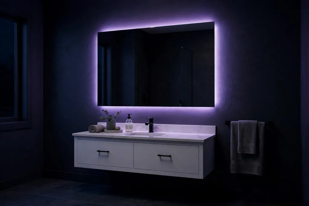 Bathroom mirror glowing with a violet LED halo at night.