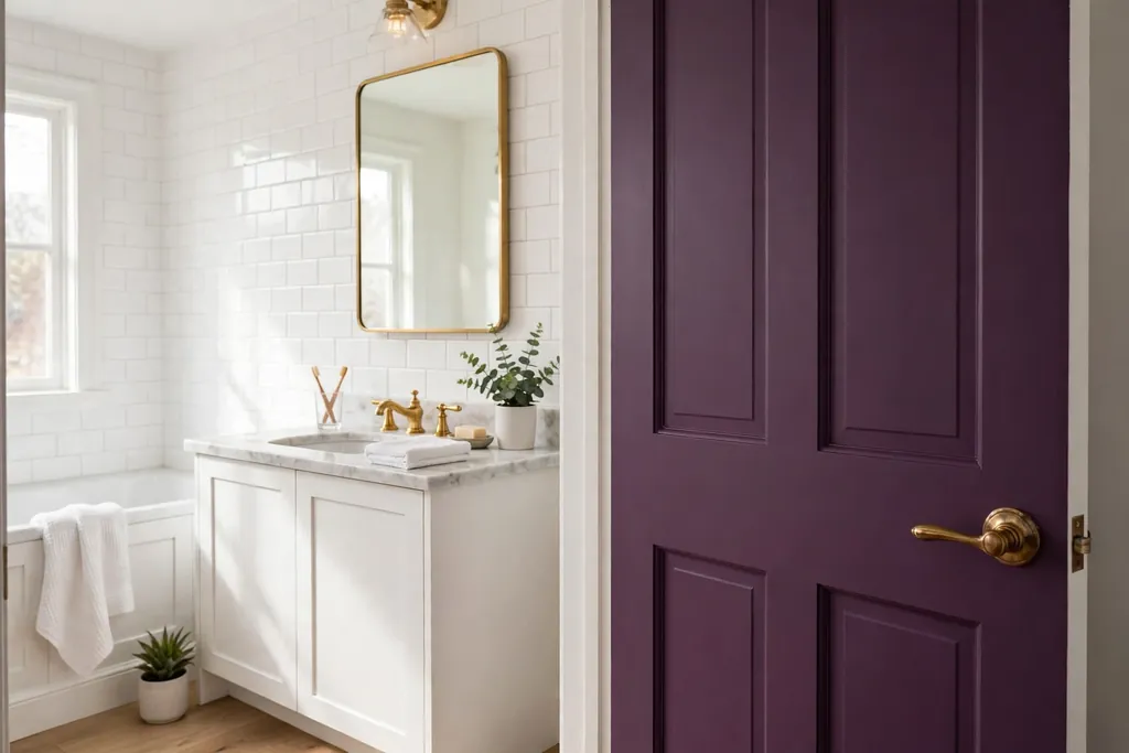 Bathroom door painted plum on the inside face of a white bathroom.