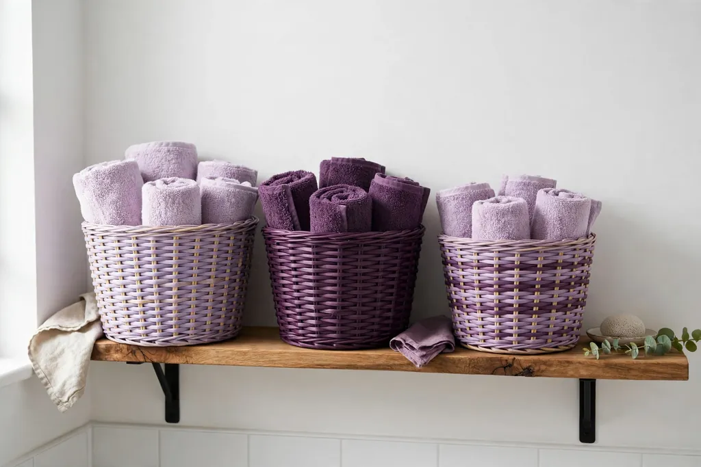 Woven lilac and plum storage baskets on a bathroom shelf.